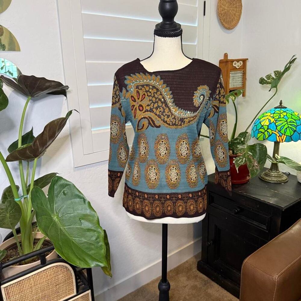 Y2K Coldwater Creek Paisley Sequin Top Petite Medium Boho Whimsigoth